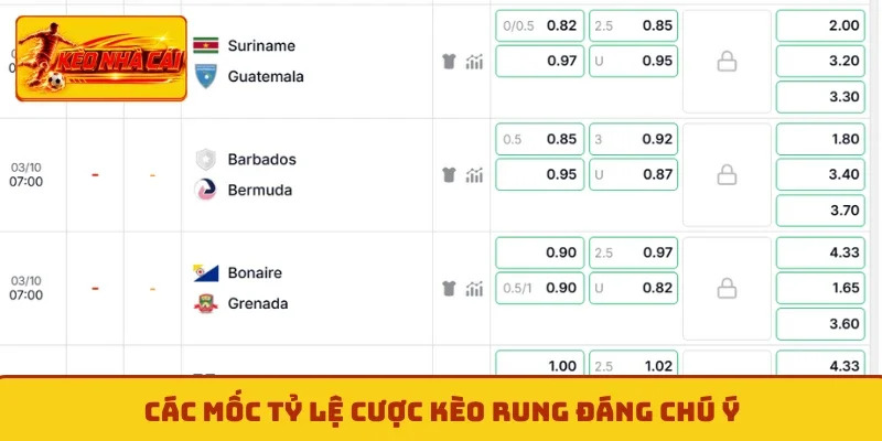 Các mốc tỷ lệ cược kèo rung đáng chú ý